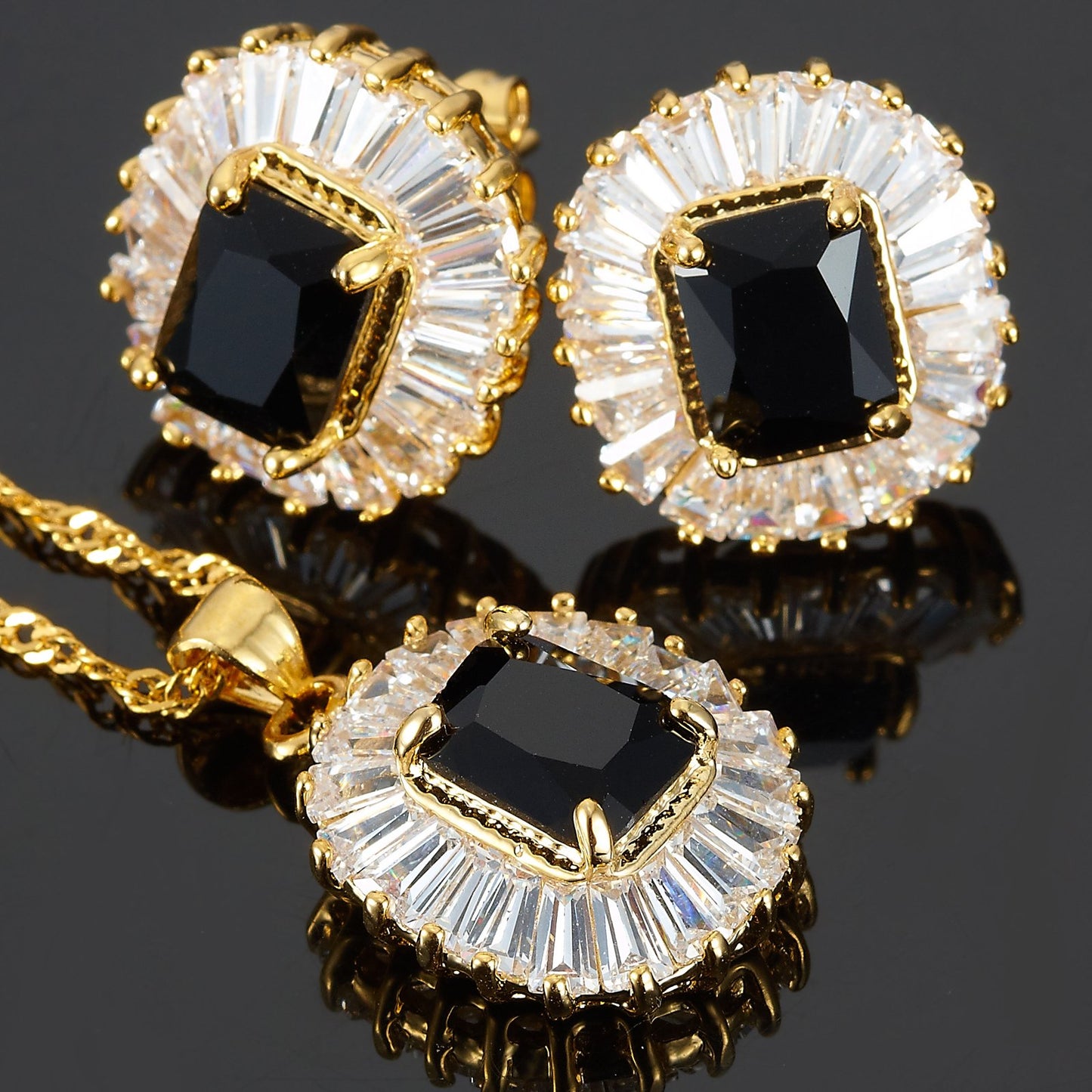 RIZILIA Jewelry Set Pendant with 18" Chain & Stud Earrings Rectangular Cut CZ [5 Colours available] in Yellow Gold Plated, Simple Modern Elegant