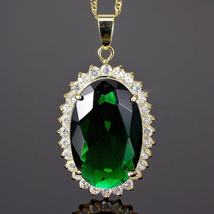 RIZILIA Lady Fashion Jewellry 1 Oval Cut Green Emerald Gem Gold Tone Pendant Necklace