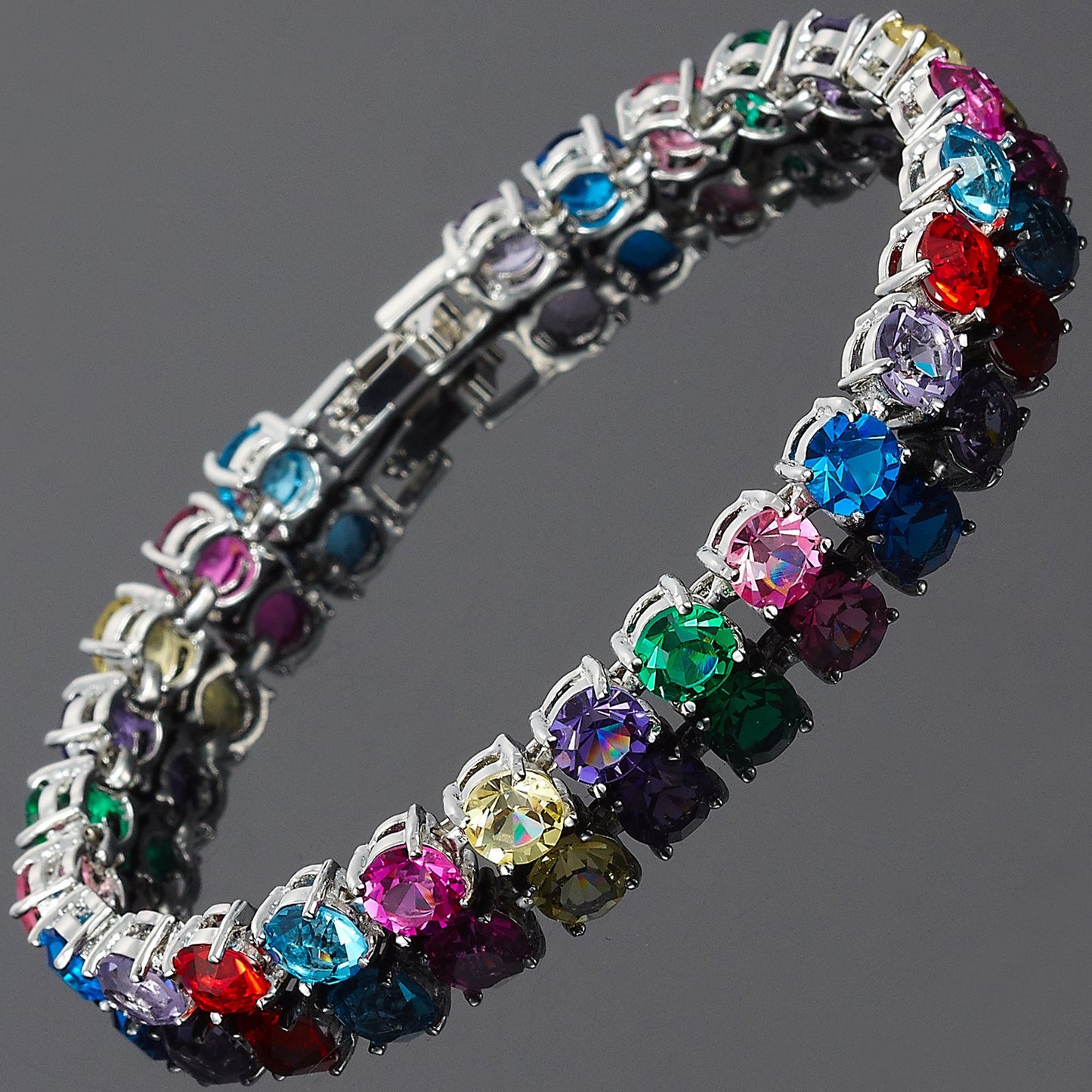 RIZILIA Round Cut Multi-Color CZ 18K Gold Plated Tennis Bracelet, 7"