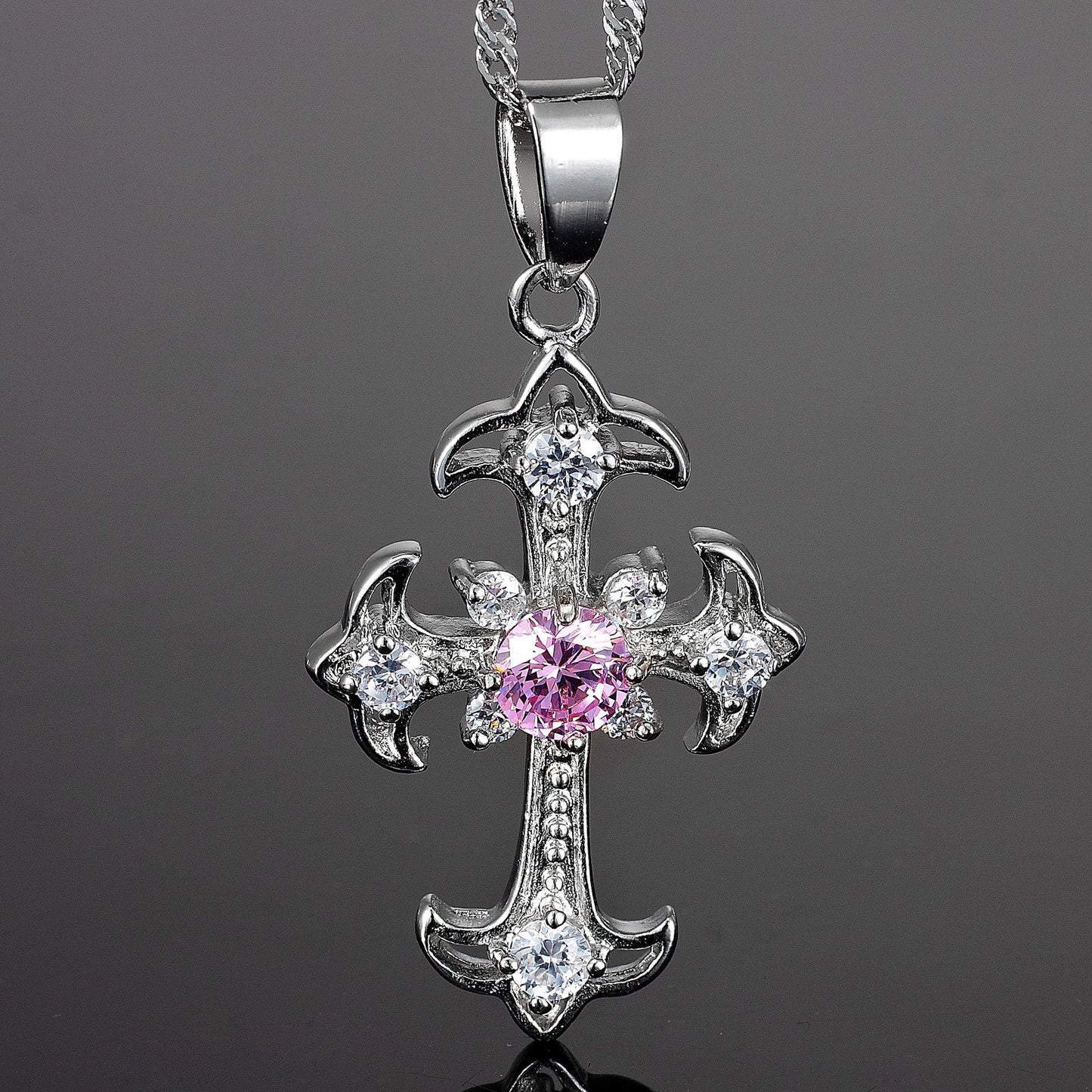 RIZILIA Cross Pendant with 18" Chain & Round Cut CZ [5 Colors available] in White Gold Plated, Simple Modern Elegant