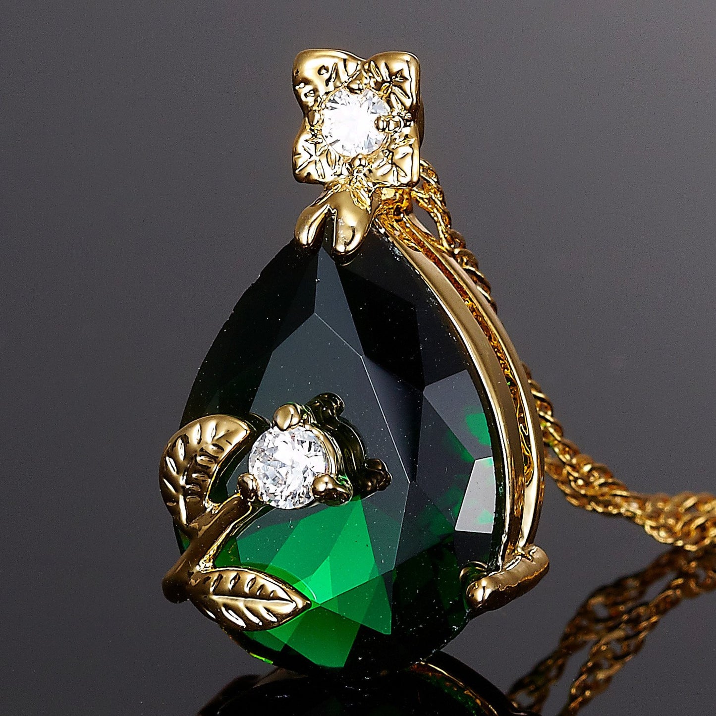 RIZILIA Blossom Pendant with 18" Chain & Pear Cut CZ [5 Colors Available] in Yellow Gold Plated, Simple Modern Elegant