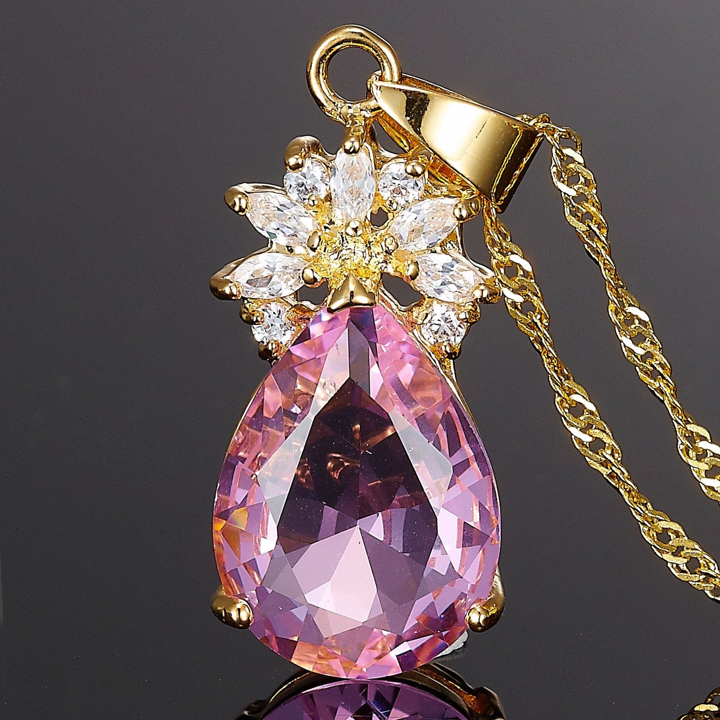 RIZILIA Pendant with 18" Chain & Pear Cut CZ [5 Colors available] in Yellow Gold Plated, Simple Modern Elegant