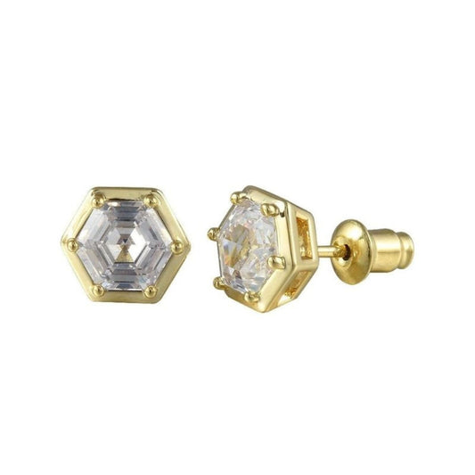[RIZILIA BEEHIVE] Hexagon Pierced Stud Earrings with Custom-Cut 2CT 6mm Gemstone [White Cubic Zirconia] in 18K Gold Plated