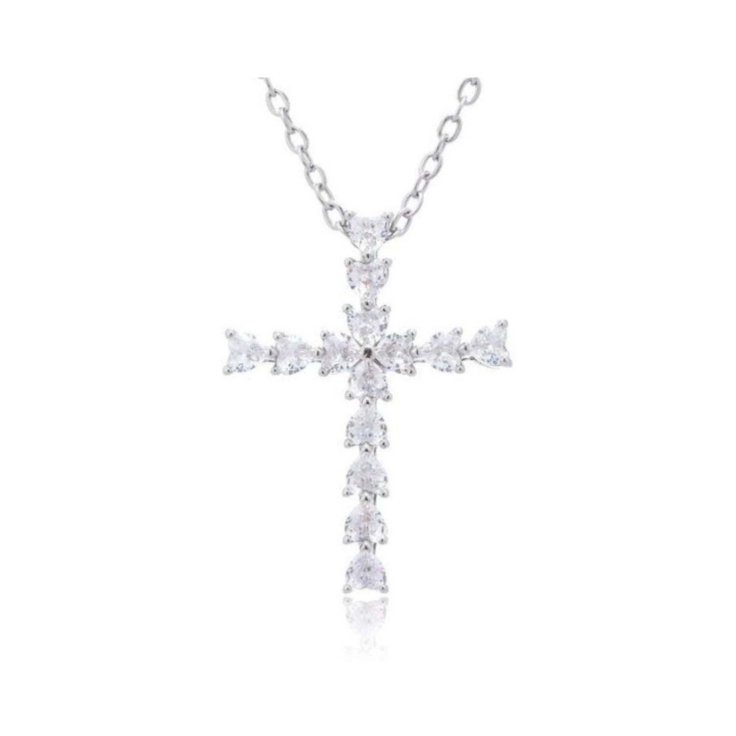 RIZILIA 18K White Gold Plated Women's Cross Necklace, Heart Cut CZ [Simulated White Topaz] Cross Pendant Necklace for Women, Trendy Jewelry Gift for Women