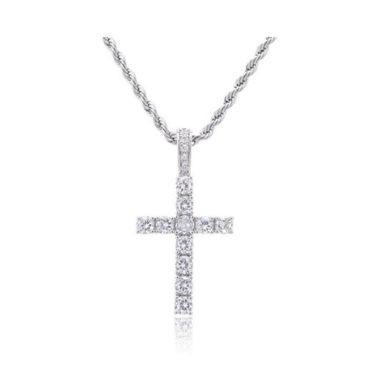 RIZILIA 18K White Gold Plated Women's Cross Necklace, Round Cut CZ [Simulated White Topaz] Cross Pendant Necklace for Women with 24" Long Rope Chain, Trendy Jewelry Gift for Women