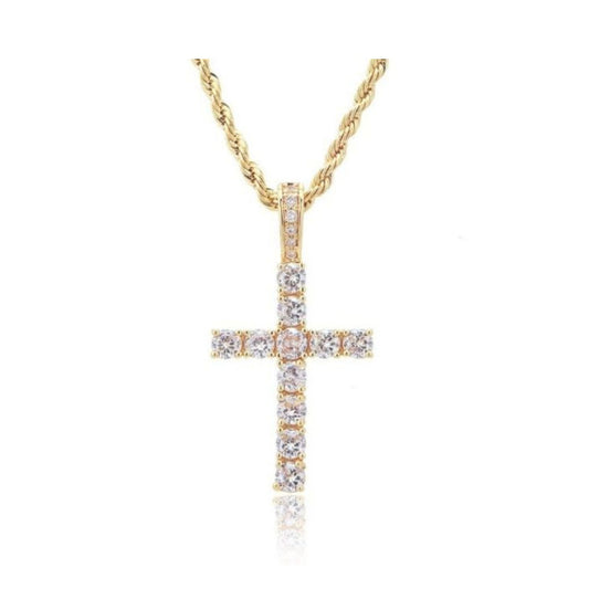 RIZILIA 18K Yellow Gold Plated Women's Cross Necklace, Round Cut CZ [Simulated White Topaz] Cross Pendant Necklace for Women with 24" Long Rope Chain, Trendy Jewelry Gift for Women