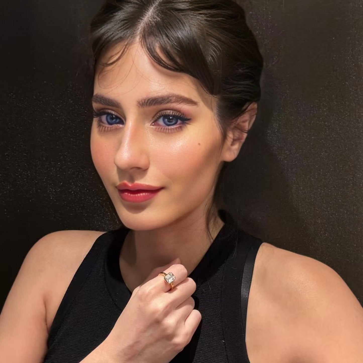 RIZILIA CELEBOX Solitaire Engagement Ring with Emerald Cut Gemstones CZ [6 Colors available] in Yellow Gold Plated, Celebrity inspired by Angelina Jolie