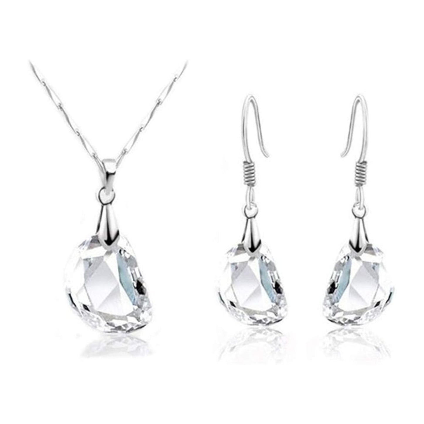 RIZILIA Jewelry Set Clear Pea Shape Pendant with 18" Chain & Drop Dangle Earrings Special Cut Austrian Crystal [Simulated White Topaz] in White Gold Plated, Simple Modern Elegant
