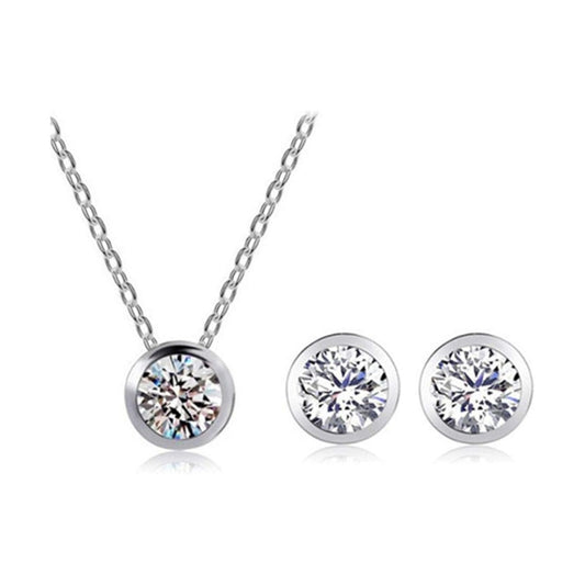 RIZILIA Jewelry Set Pendant with 18" Chain & Stud Earrings Round Cut CZ [White Cubic Zirconia] in White Gold Plated, Simple Modern Elegant